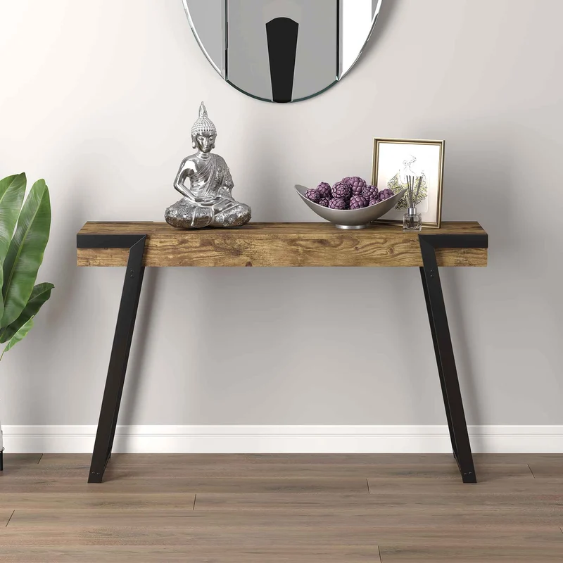 Table console d'aspect bois récupéré avec base en métal noir, 47'' x 13,75'' x 29''