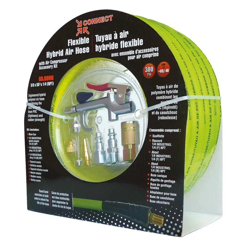 Tuyaux à air hybride flexible avec accessoires pour air comprimé, 3/8'' x 50' x 1/4 NPT