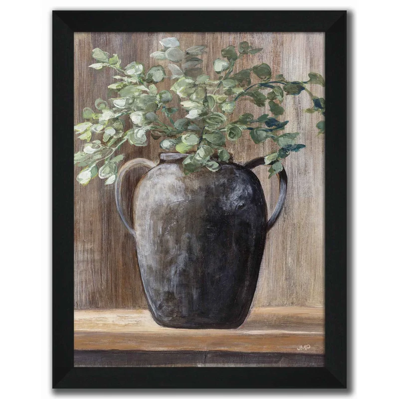 Toile avec vitre et cadrage vase avec herbes, 12'' x 16''