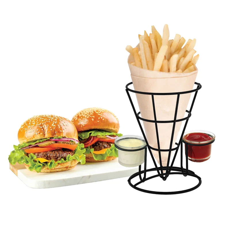 Cône à frites en métal avec 2 bols à condiment, 3 pièces