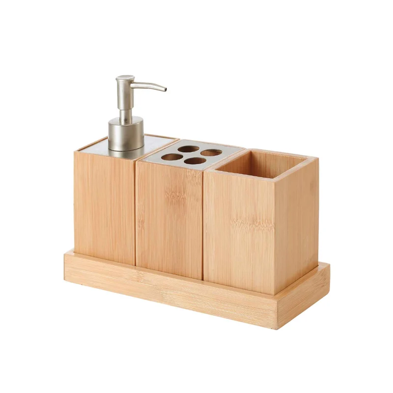 Accessoires de salle de bain en bambou et acier inoxydable, 4 pièces