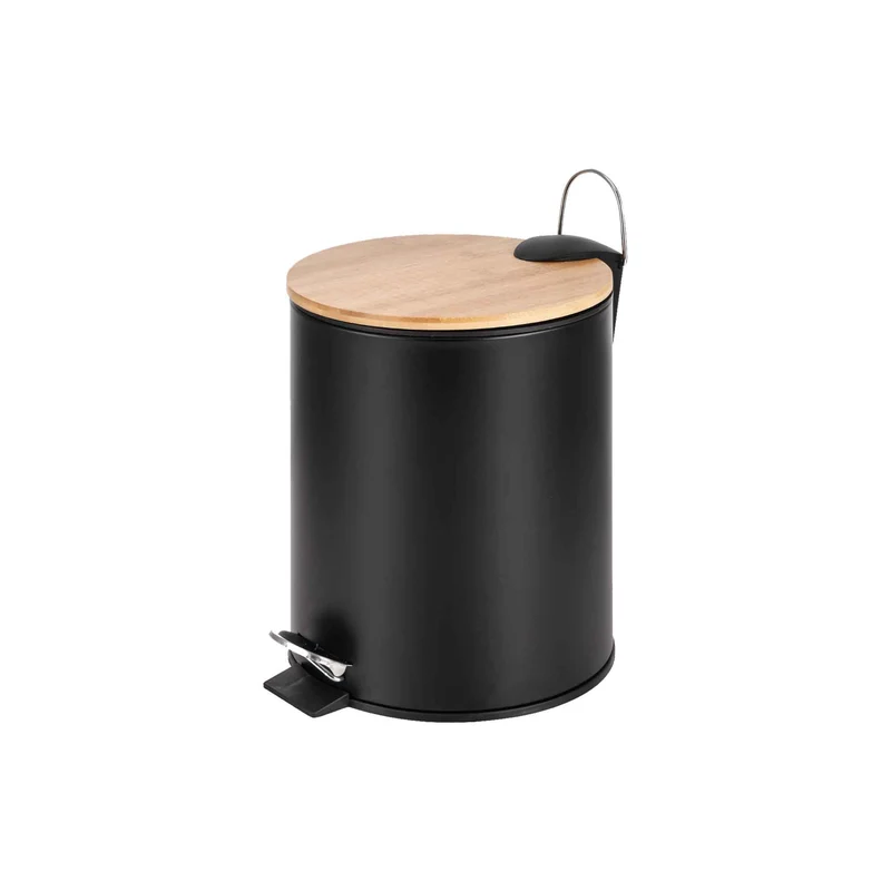 Poubelle ronde à pédale en métal noir et en bambou, 5 L