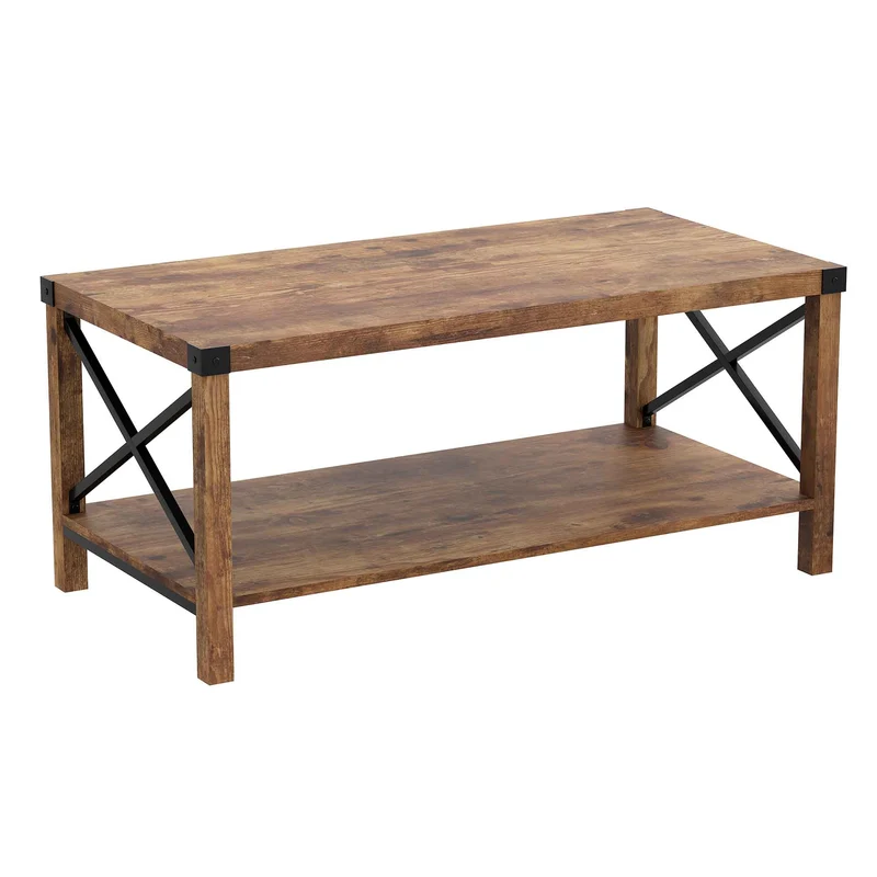 Table de salon d'aspect bois brun récupéré avec cotés en métal noir, 39,5" x 19,75" x 17,75"