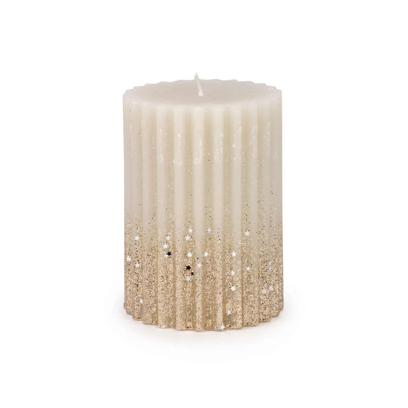 Chandelle scintillante striée dorée et beige, 3" x 4-1/2"