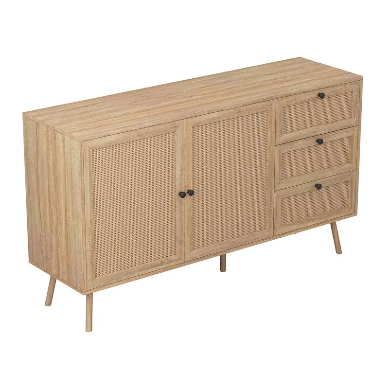 Commode en bois d'aspect naturel à 2 portes et 3 tiroirs, 55'' x 16'' x 31,5''