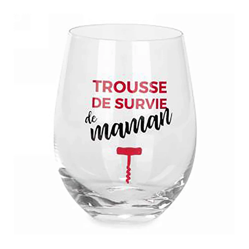 Verre à vin sans pied avec inscription en rouge et noir " Trousse de survie de maman", 3,5" x 5"