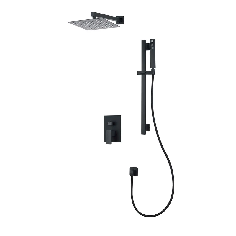 Robinetterie de douche à valve à pression équilibrée avec douchette à main et barre à glissière, noir mat