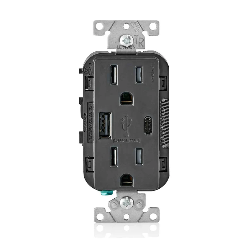 Prise double avec chargeur USB de Type-A et Type-C de 15 A, noir