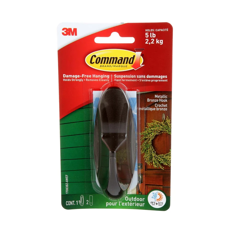 Grand crochet bronze métallique pour l’extérieur Command de série Designer, 2,3 kg (5 lb), 1 crochet, 2 bandes toutes saisons