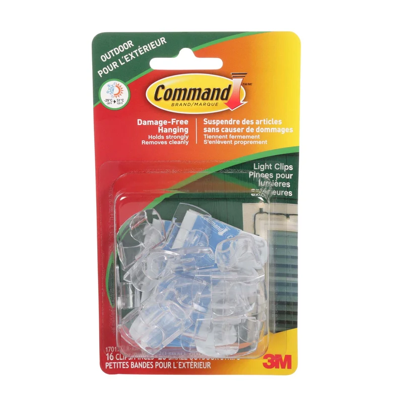 Petites pinces transparentes pour lumières extérieures Command, 16 pinces, 20 bandes transparentes toutes saisons