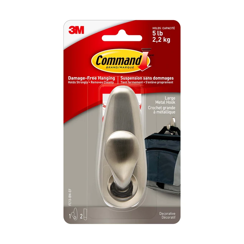 Grand crochet métallique nickel brossé Command «toujours classique», 2,3 kg (5 lb), 1 crochet, 2 bandes par paquet