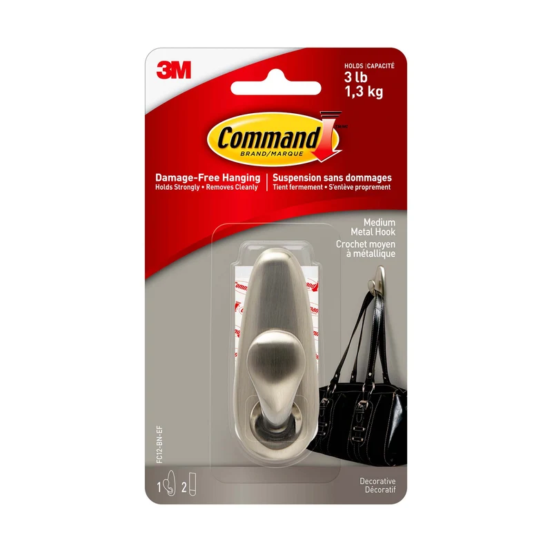 Moyen crochet métallique nickel brossé Command «toujours classique», 1,4 kg (3 lb), 1 crochet, 2 bandes par paquet