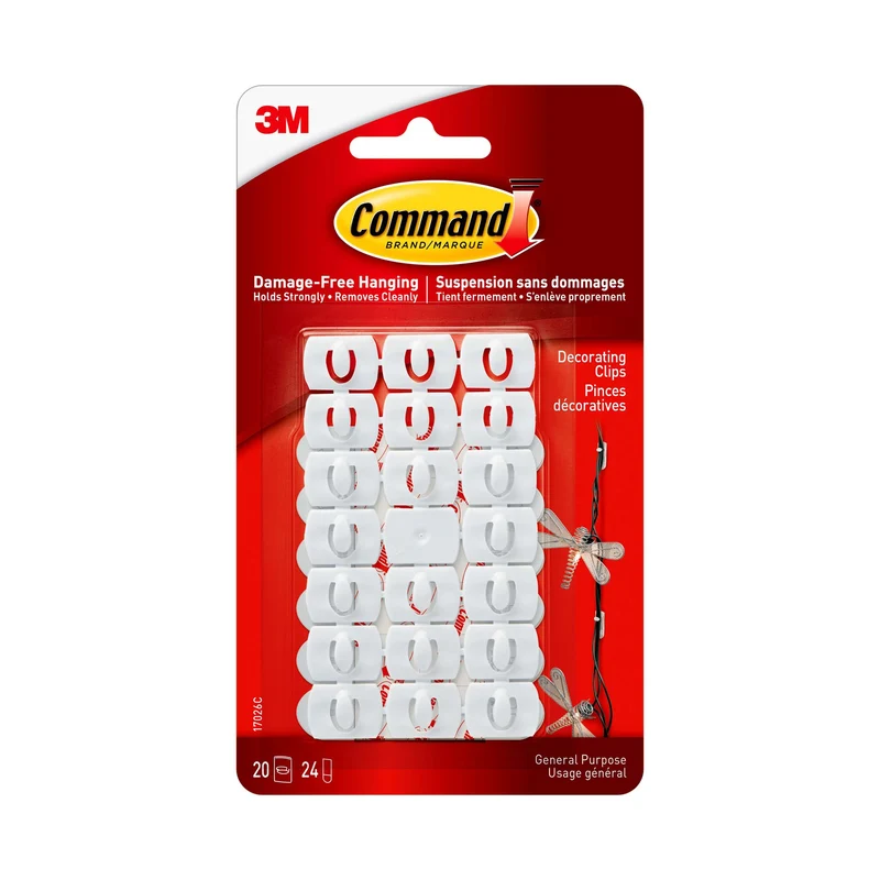 Pinces blanches décoratives Command, 225 g (0,5 lb), 20 pinces, 24 bandes par paquet