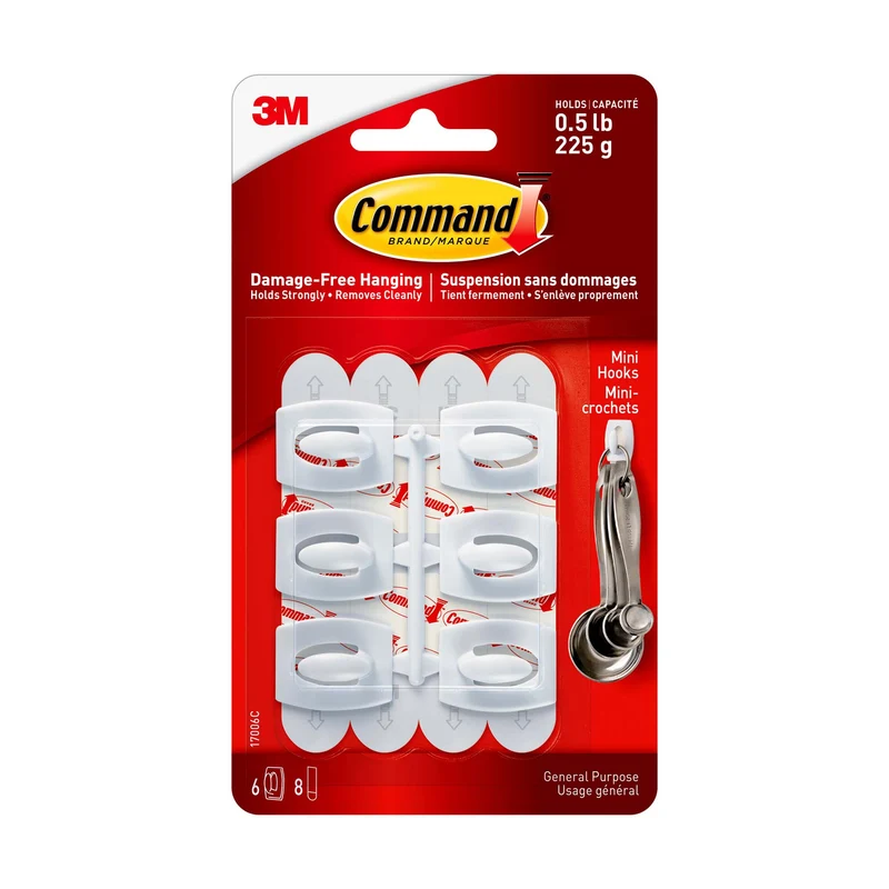 Mini-crochets blancs Command, 225 g (0,5 lb), 6 crochets, 8 bandes par paquet