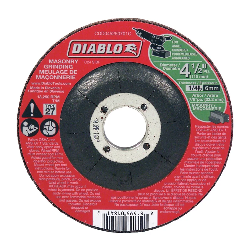 Disque de meulage Diablo pour maçonnerie de 4-1/2" x 1/4", arbre de 7/8"