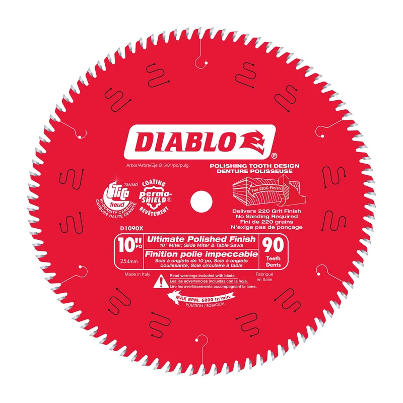 Lame circulaire Diablo pour finition ultra lisse de 10" à 90 dents, tige de 5/8"