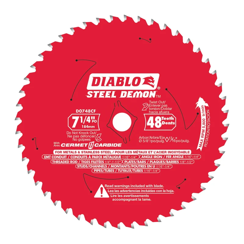 Lame Cermet Steel Diablo pour métaux ferreux de 7-1/4" à 48 dents, tige de 5/8''