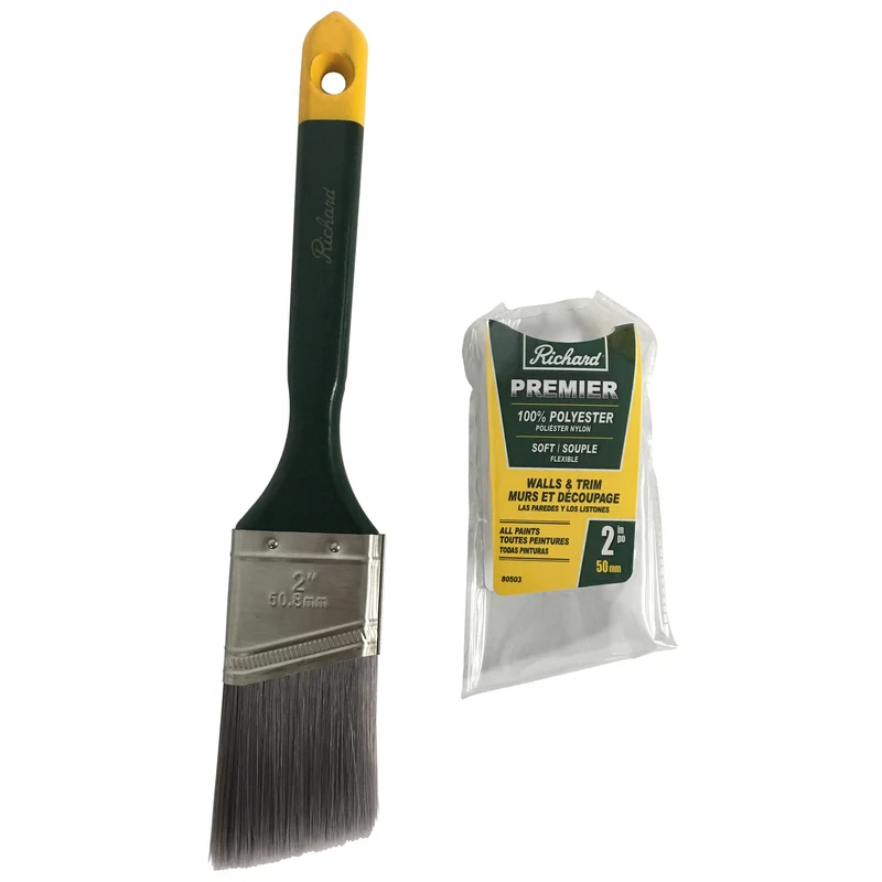 Pinceau angulaire de 2 po, série Premier, filaments en polyester, manche long vert, bout jaune