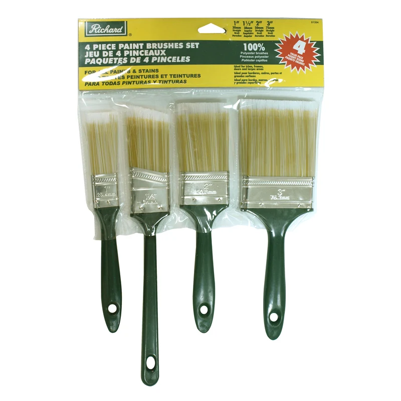 Ensemble de 4 pinceaux (3 droits de 1 1/4 po, 2 po, 3 po et 1 angulaire 1 1/2 po), filaments en polyester, manche en plastique