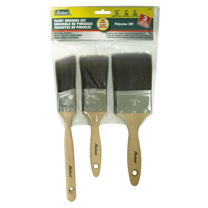 Ensemble de 3 pinceaux (2 droits de 2 po, 3 po et 1 angulaire 1 1/2 po), filaments en polyester SRT, manche en bois