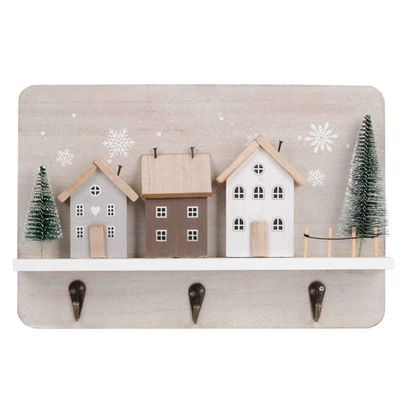 Plaque murale au design de maisons et sapins avec 3 crochets , 12" x 2" x 8"