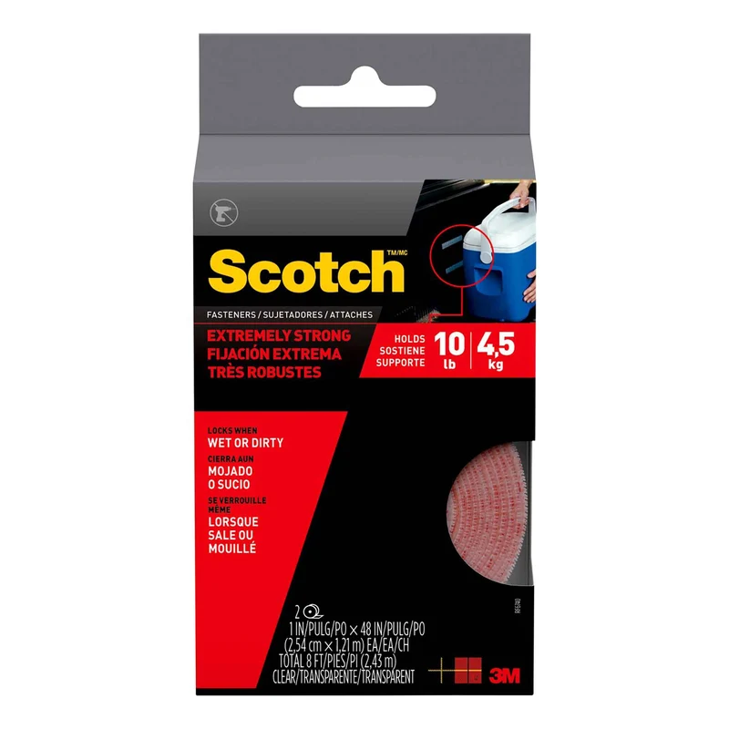 Attache très robuste autocollante en Velcro de 1" x 48", 10 lb (transparent)