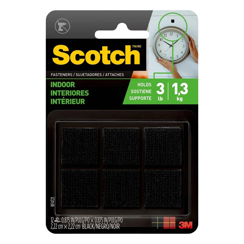 Ensemble de 12 attaches carrées autocollantes en Velcro pour l’intérieur de 7/8" x 7/8", 3 lb (noir)